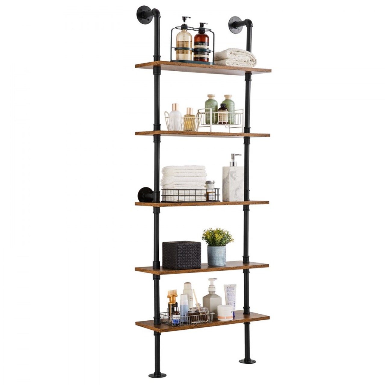 Wall Mounted Industrial Pipe Shelf 5 Tier Wood Storage Unit